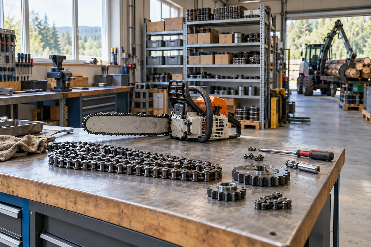 Werkstätte mit Sägekette, Antriebsketten, Ersatzteillager und Forstmaschine